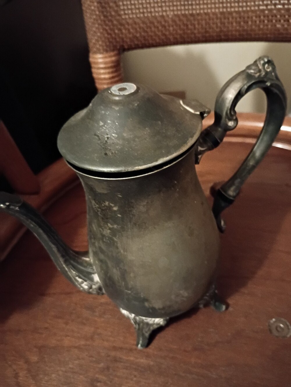 Vintage Silverplated Coffee Pot Ornate Footed Teapot Hinged Lid Insulated Handle